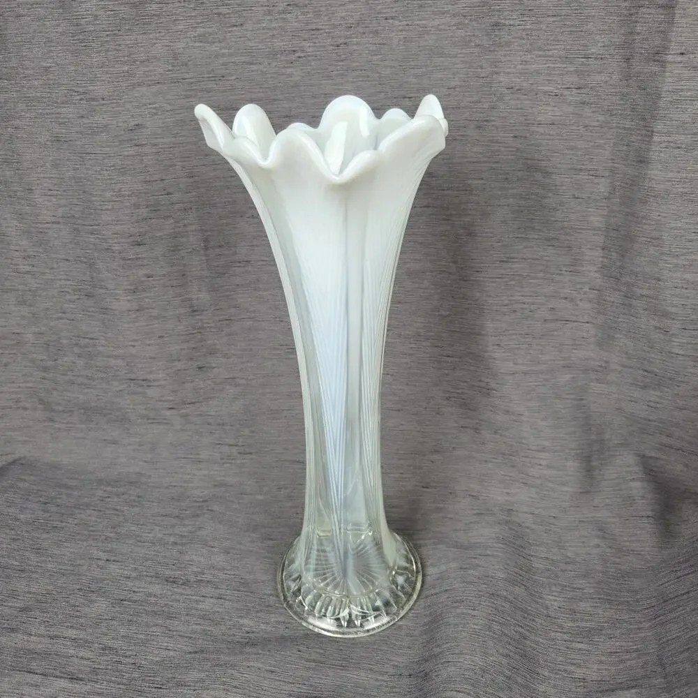Vintage Fenton Opalescent Vase Strech Glass Swung Feathered White Ruffled 11.5